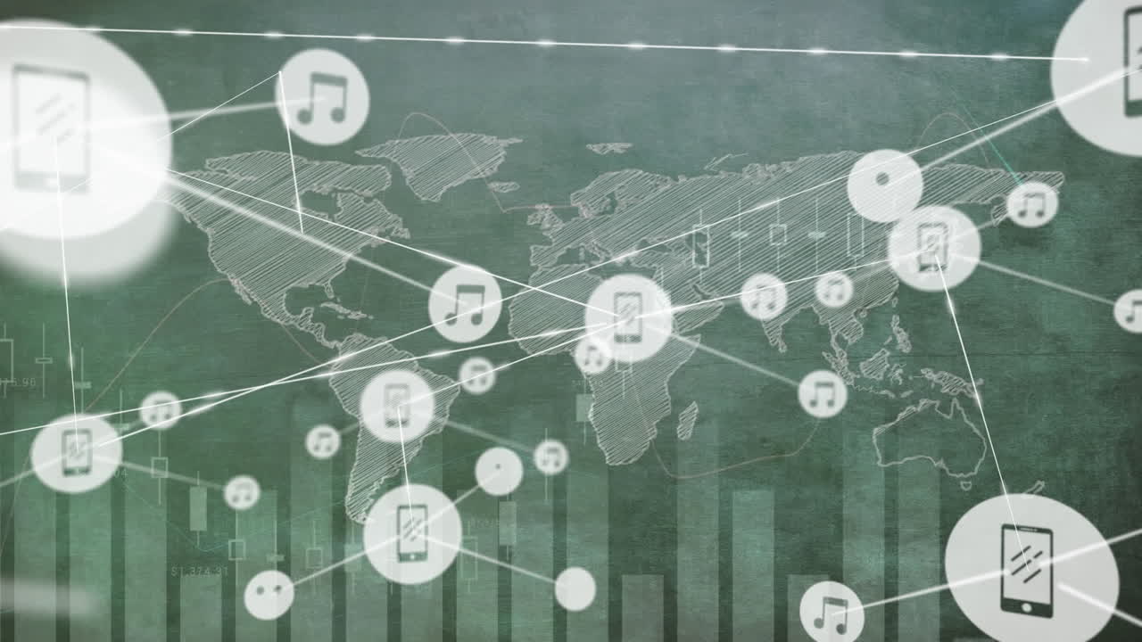 세계 지도와 연결된 네트워크를 통해 데이터 처리의 애니메이션