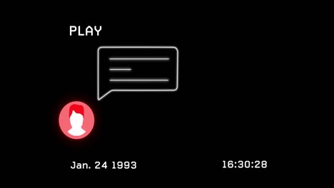Animación-De-La-Pantalla-De-Reproducción-Con-Interferencia,-Icono-De-Persona-Y-Bocadillo-Sobre-Fondo-Negro