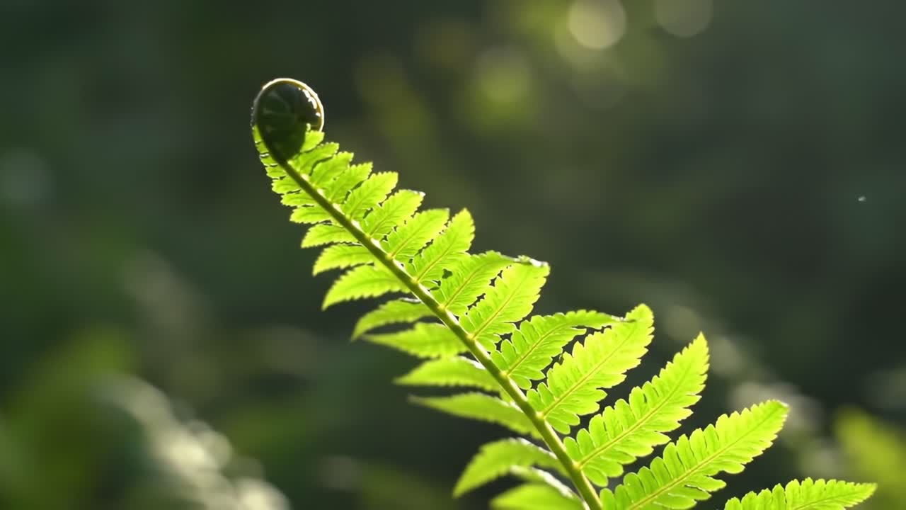 Close-Up of a Fern Leaf Emerging in a Sunlit Forest During Early Morning Hours