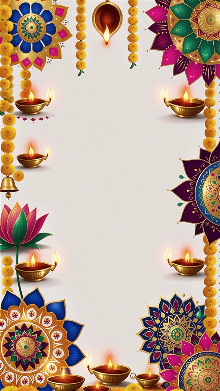 Sfondo Diwali con Diyas luminosi, Rangoli e fiori di loto