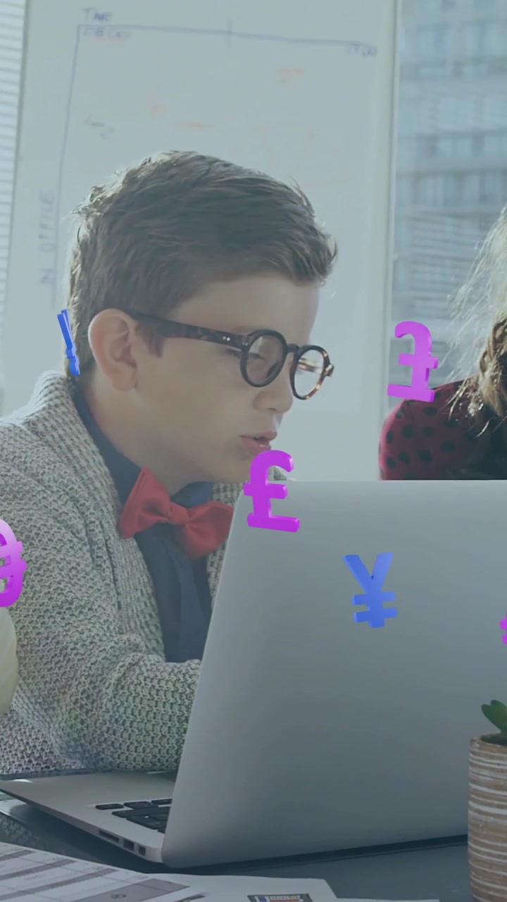 Animation of currency icons data processing over caucasian children paying over laptop