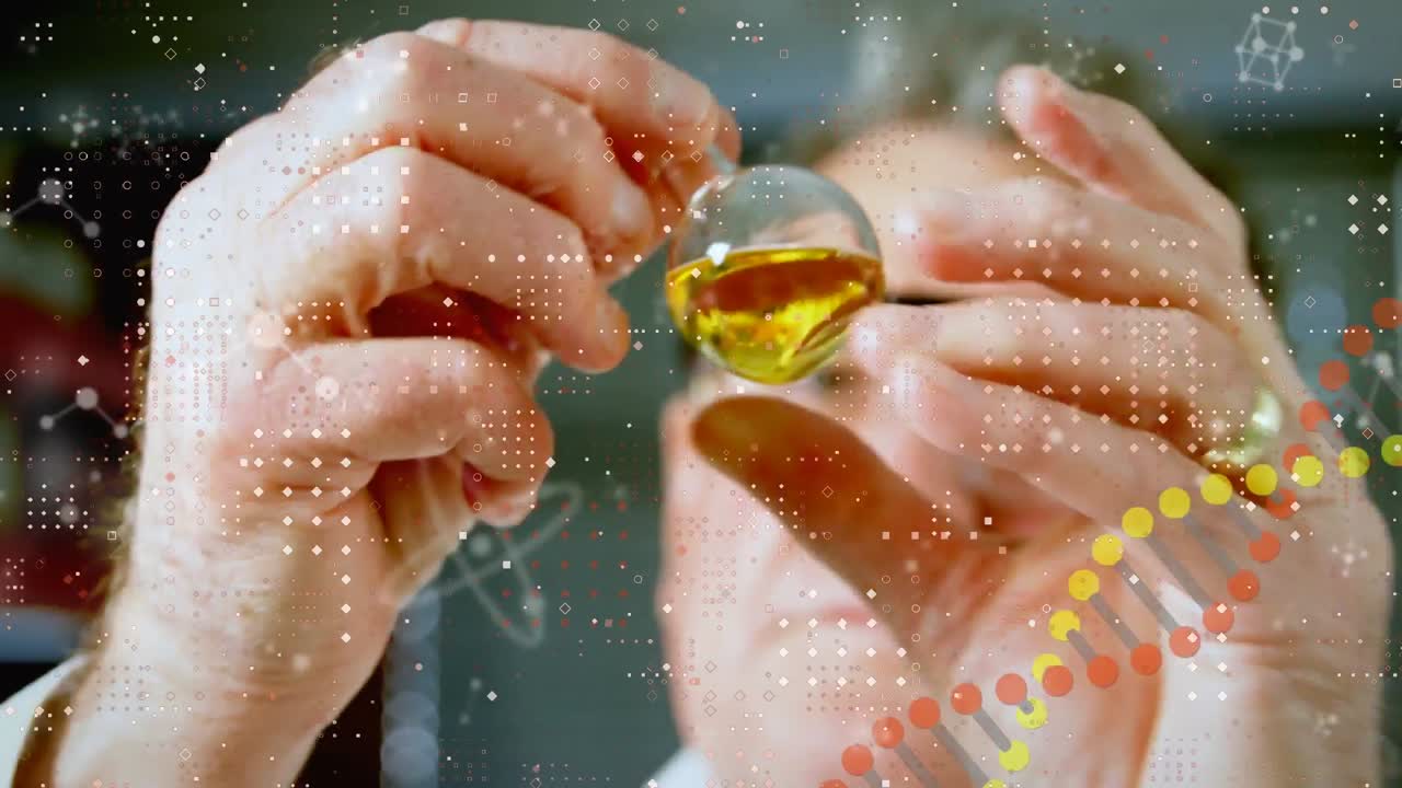 실험실에서 일하는 백인 남성 과학자에 대한 분자 및 dna 구조의 애니메이션