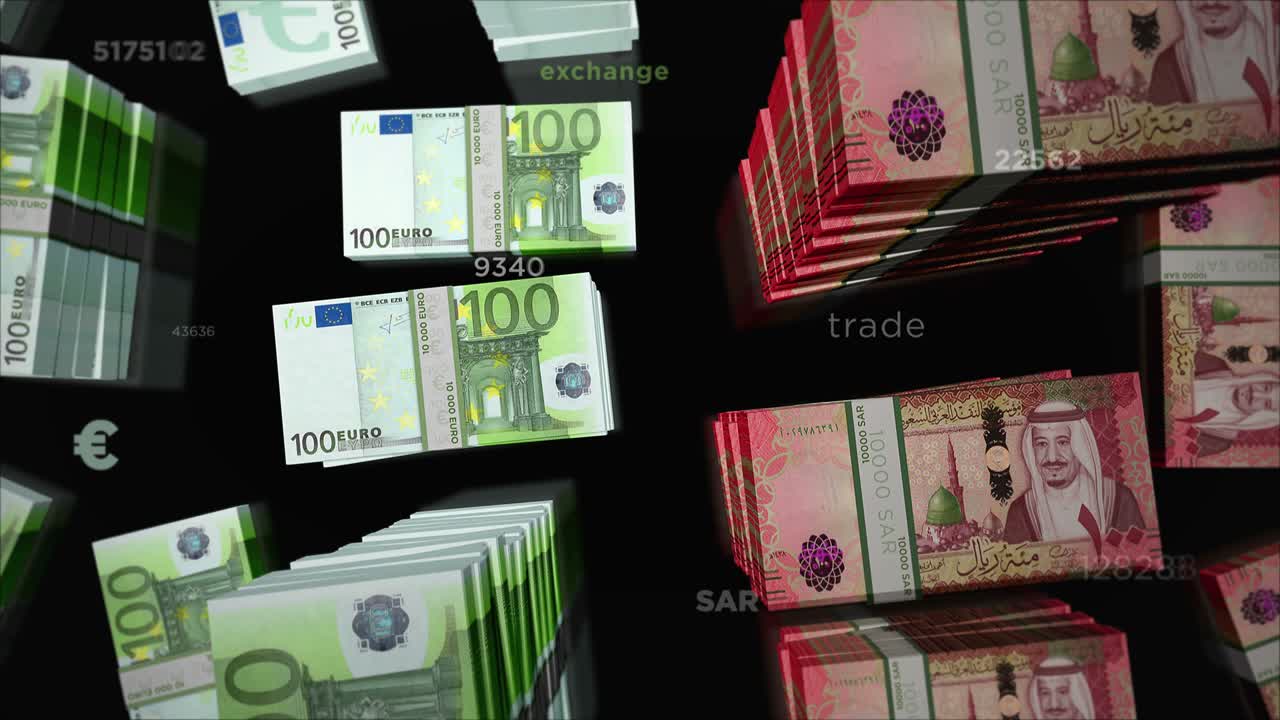 유로와 사우디 아라비아 리알 화폐 교환 루프 애니메이션
