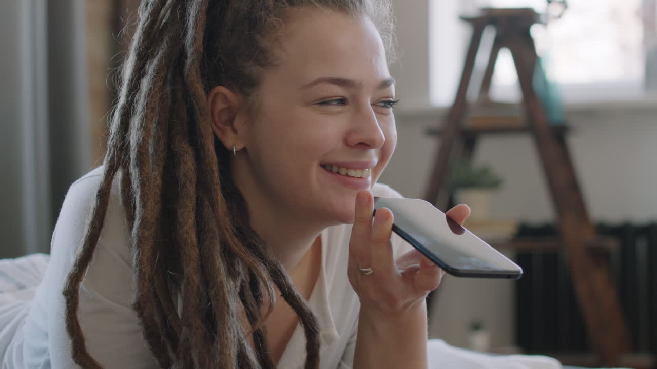 Joyful Woman Recording Voice Message