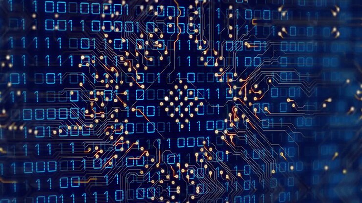 Animation of glowing golden motherboard over binary data processing on blue background