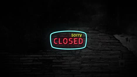 sorry closed neon sign on brick wall background. business and service concept.