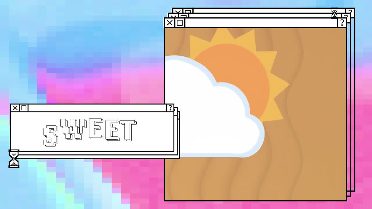 네온 패턴 배경 위에 달한 텍스트와 컴퓨터 화면의 애니메이션