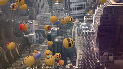 emoji icons flying over cityscape