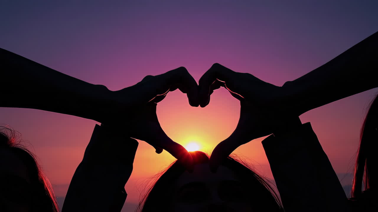 Friends Making a Heart Shape with Hands at Sunset