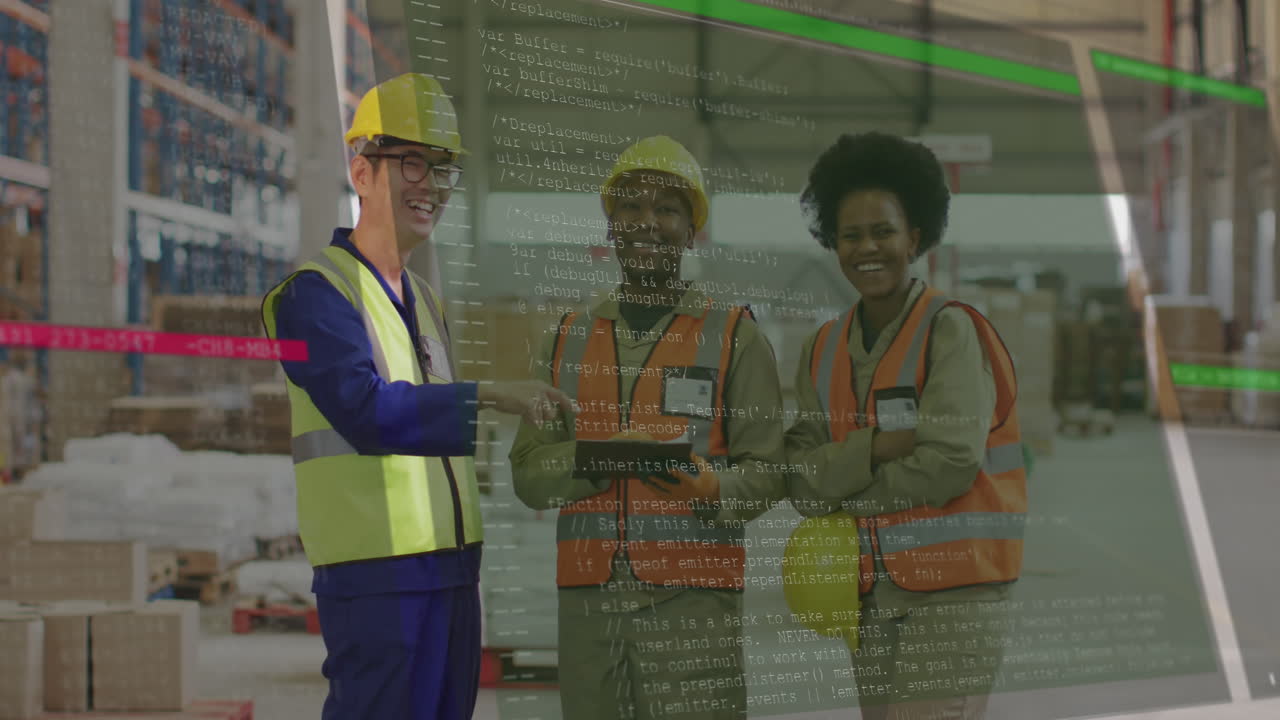 animación del procesamiento de datos financieros sobre diversas personas que trabajan en el almacén