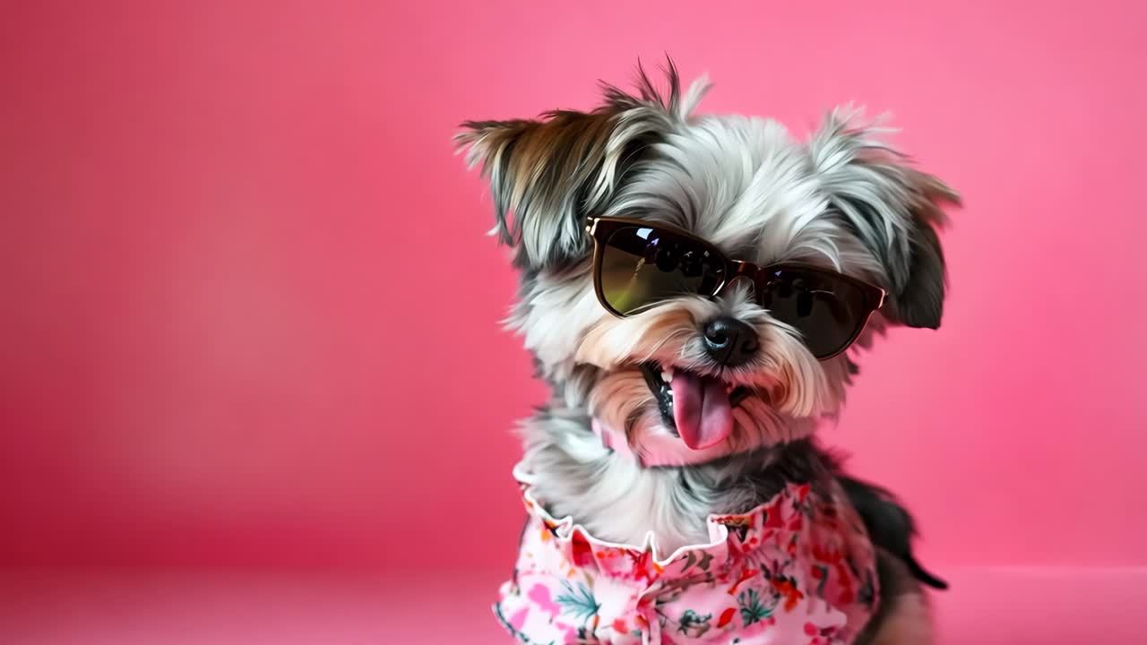 un pequeño perro con gafas de sol en un fondo rosa