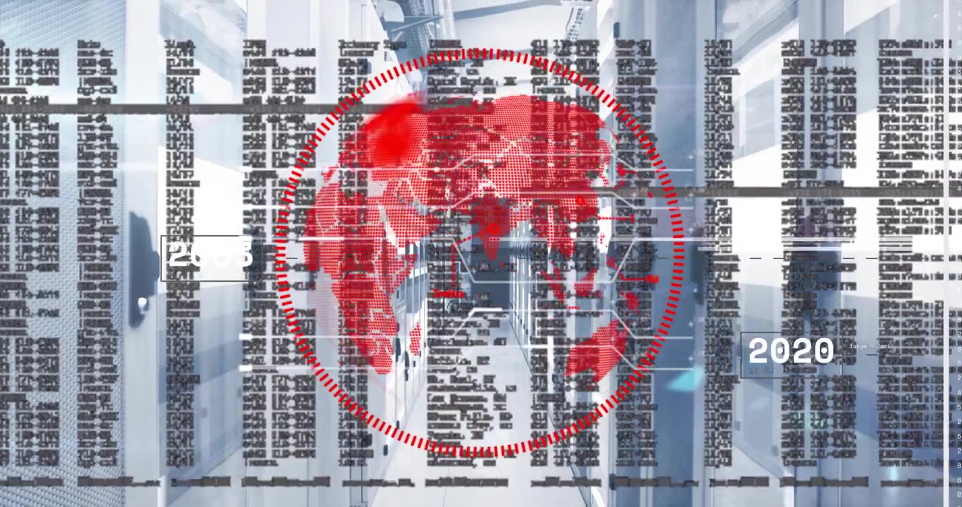 Red digital globe map hovering in corridor lined with server racks with dashed circle, code overlay