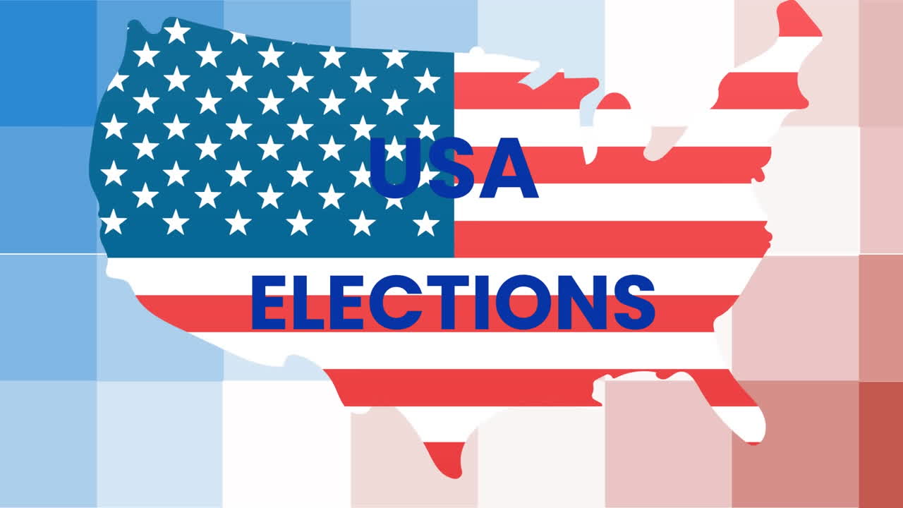 Animation of usa elections text over flag of america map on abstract background