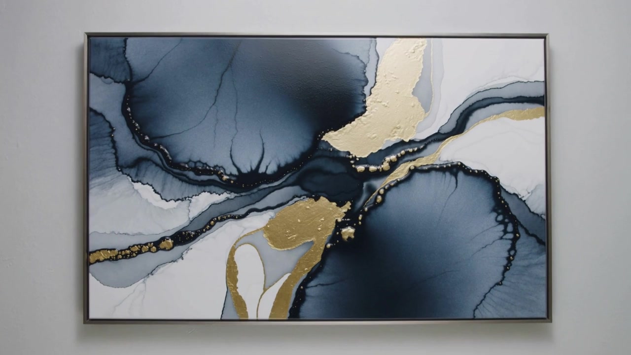 Spostando la fotocamera si rivela un dipinto astratto in una galleria, per mostrare una sottile cornice metallica con accenti blu navy e oro.