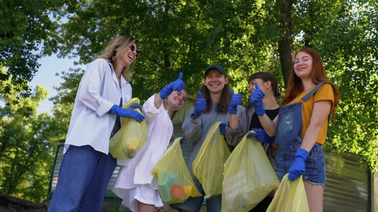 молодые люди убирают парк