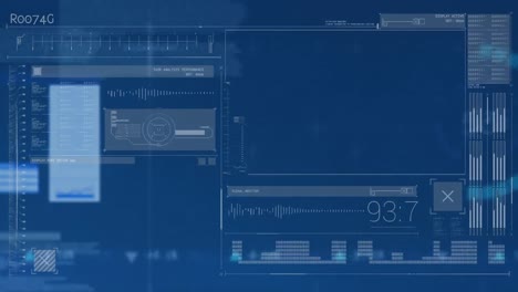 animation of financial data processing and statistics over blue background