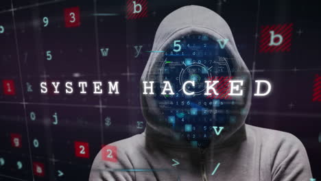 Animation of data processing and cyberattack warning over hacker