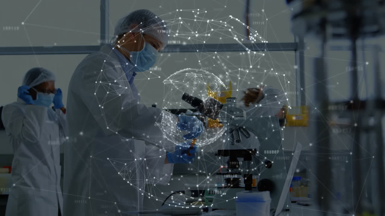 In laboratory, scientists analyzing data with digital network animation overlay