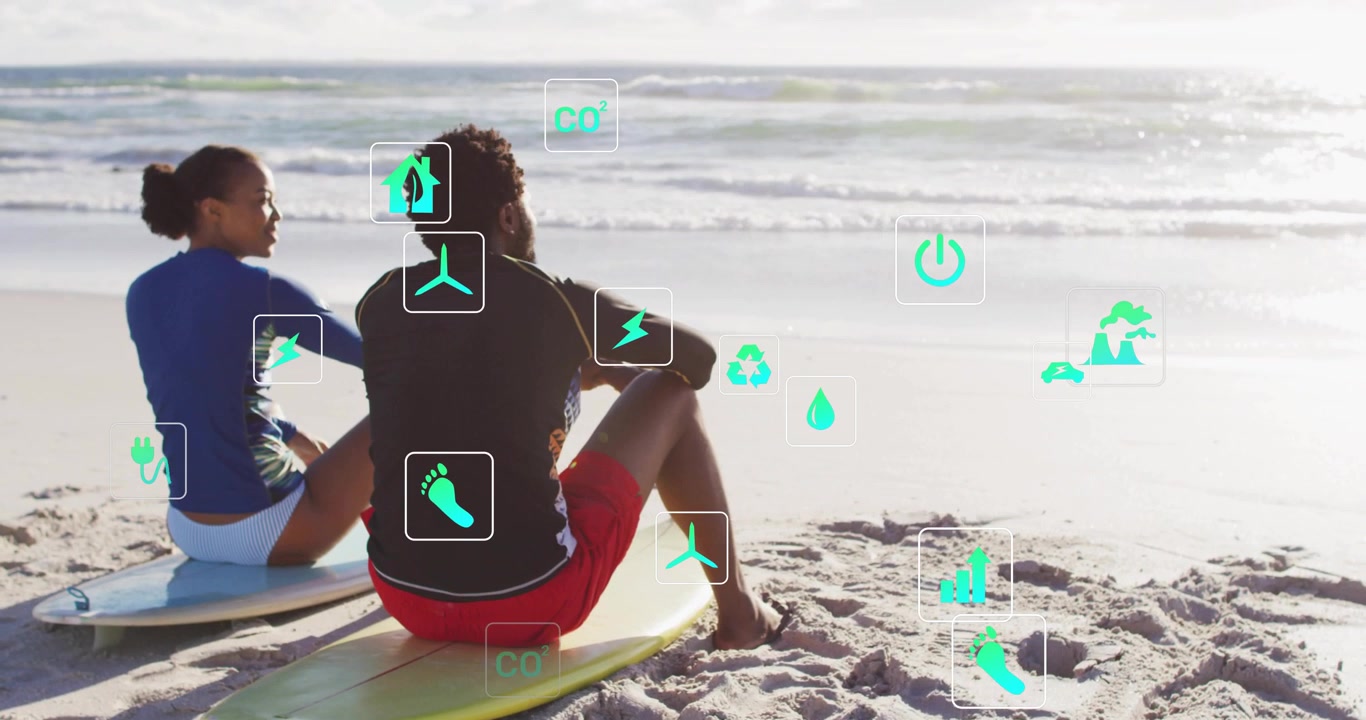 Vertical video: Woman pointing at ocean on boards, man shifting, green icons overlaying CO2 data