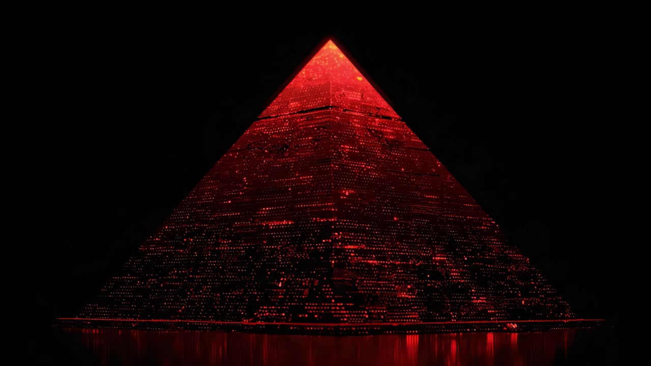 Illuminated Red Pyramid: A Captivating Glimpse into a Futuristic Vision of Architecture and Light, Transforming the Night with Its Mesmerizing Glow and Complex Geometric Patterns, Capturing the Imagination