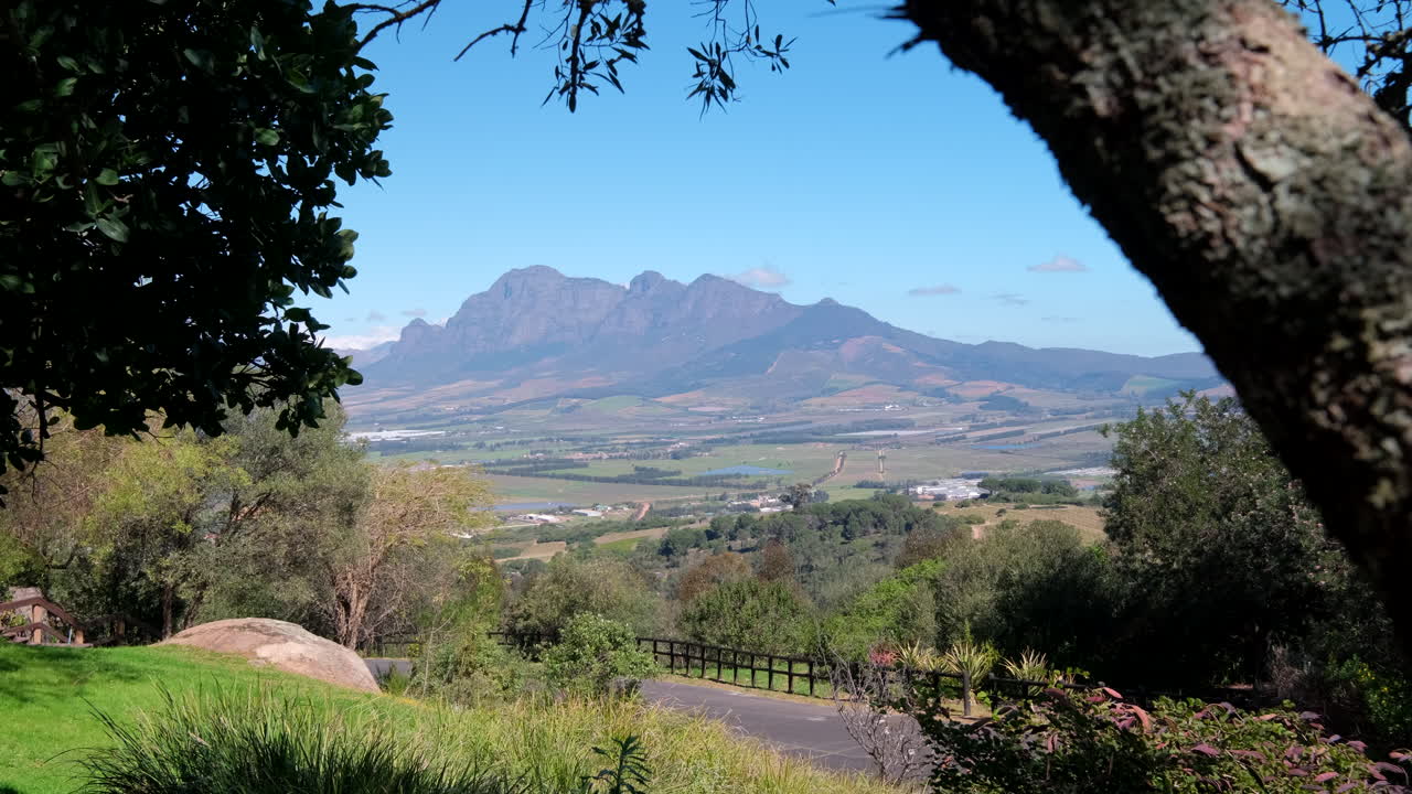 High angle view over farm lands and Simonsberg outside Paarl, Boland