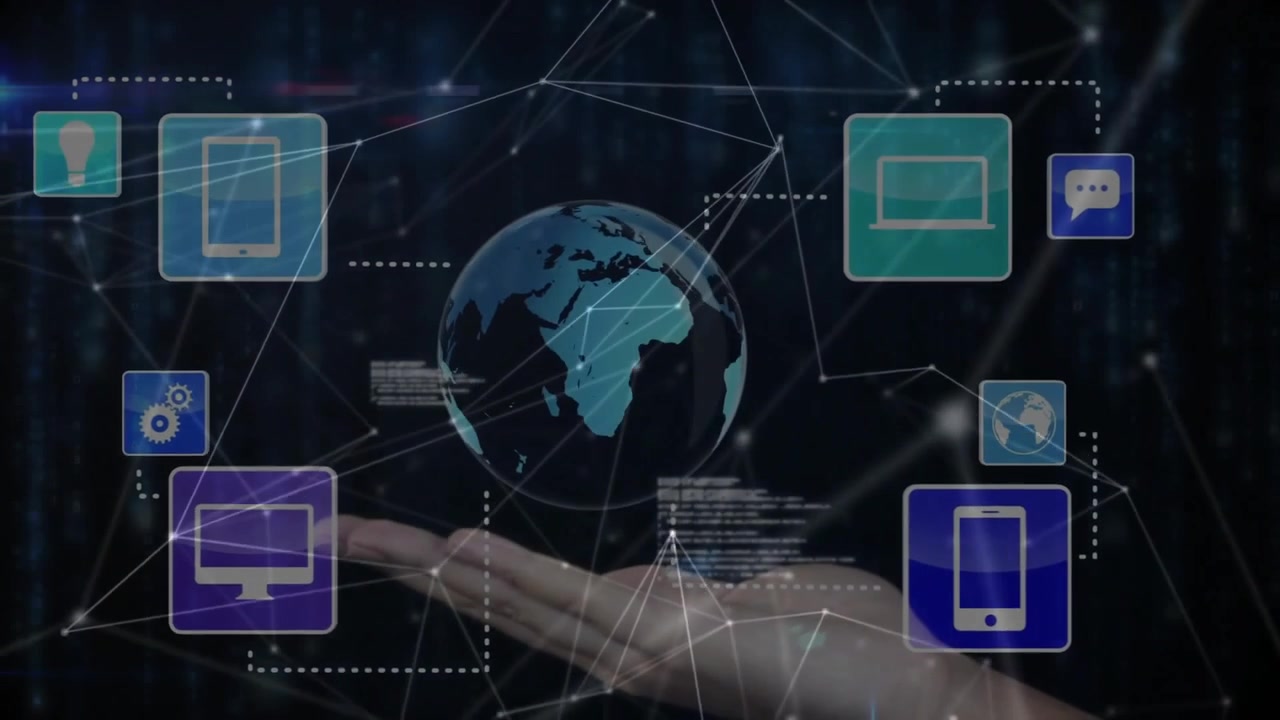 Digital Globe and Technology Icons Floating Above Human Hand