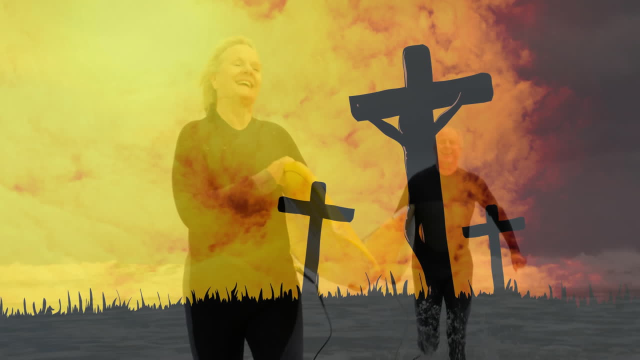 Walking with silhouetted crosses, person under fiery sky in animation background