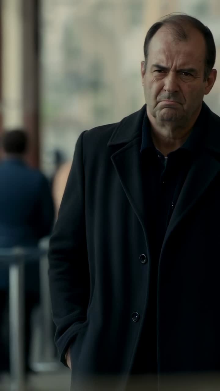 Vertical video: Camera zooming, man in 50s standing on platform in dark coat, reacting to commuters