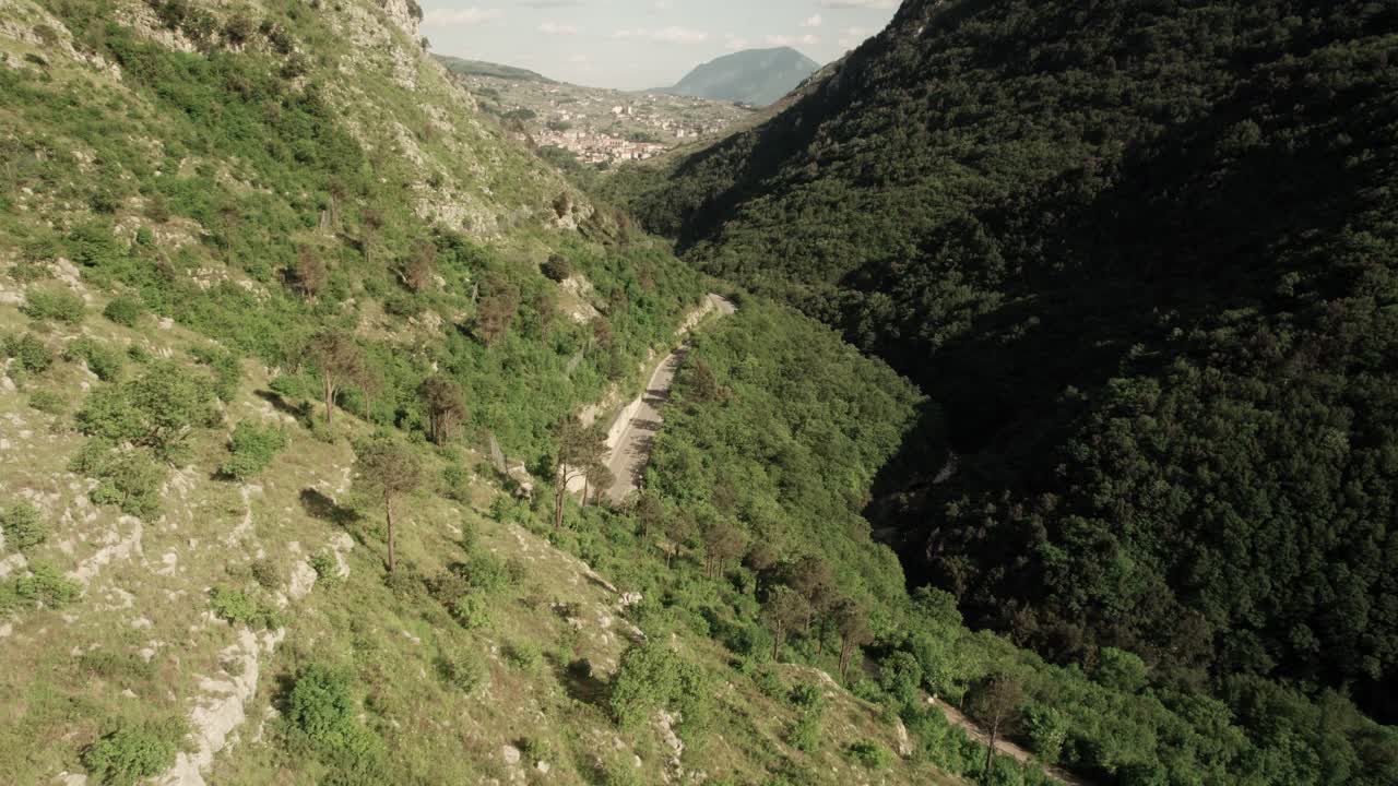 Aerial forward view of vegetation and mountain in Lavello. South Italy