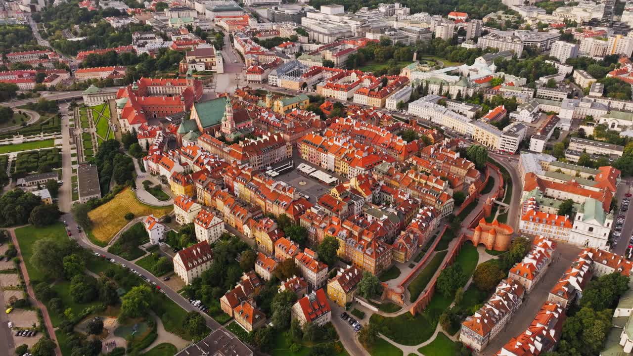 Drone view of Warsaw old town reflects NATO EU strength and modern Poland