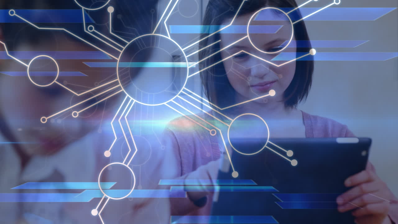 태블릿을 사용하는 행복한 백인 소녀에 대한 연결의 애니메이션