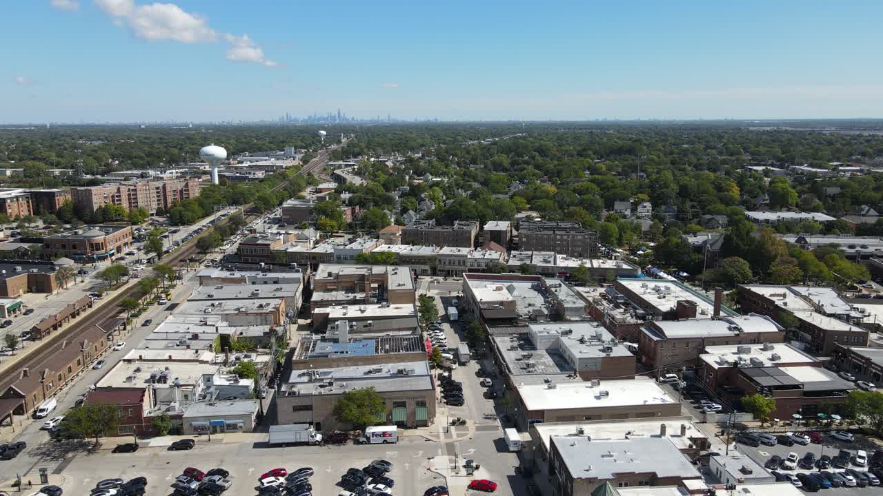 Aerial View of a Suburb with Chicago Skyline in the Background