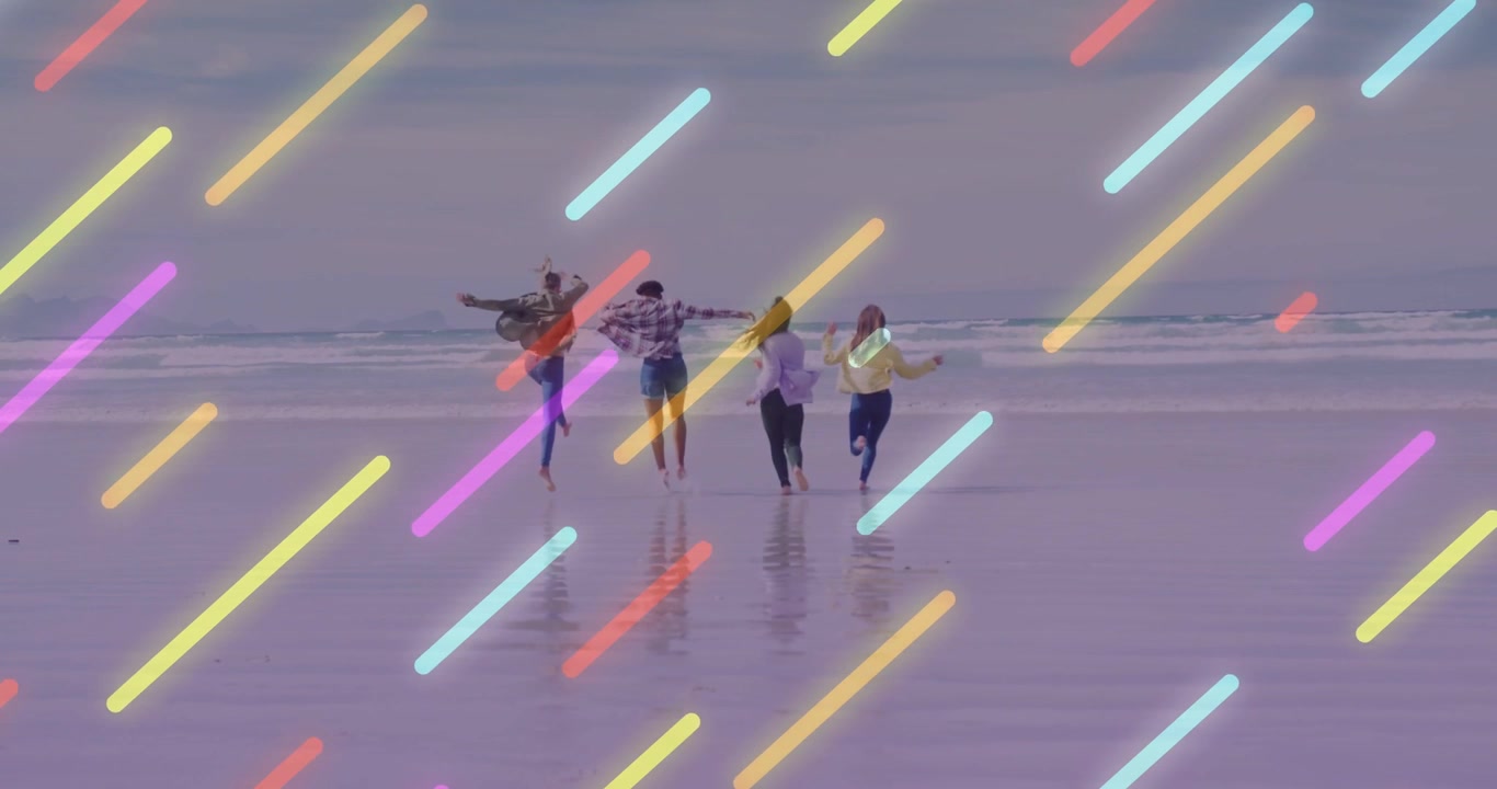 Four women linking hands, stepping then running on wet beach, neon streaks overlaying for marketing