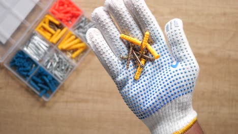 tornillos de retención de mano y anclajes de pared con una caja de almacenamiento de plástico