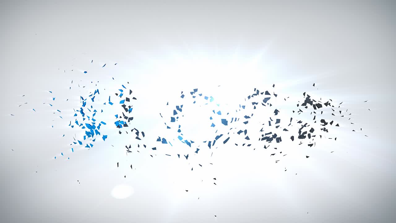 Logo reveal with shattered blue particles in bright light creates a modern, digital feel transition