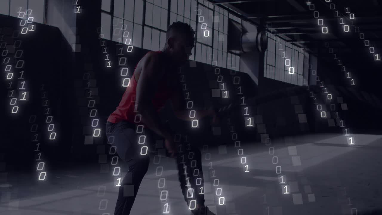 Exercising in gym, person with binary code animation in background