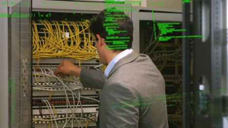 Animation-of-data-processing-over-caucasian-man-in-server-room