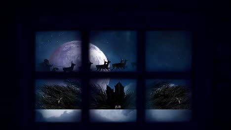 animación de santa claus en trineo con renos en el paisaje de invierno de navidad visto a través de la ventana