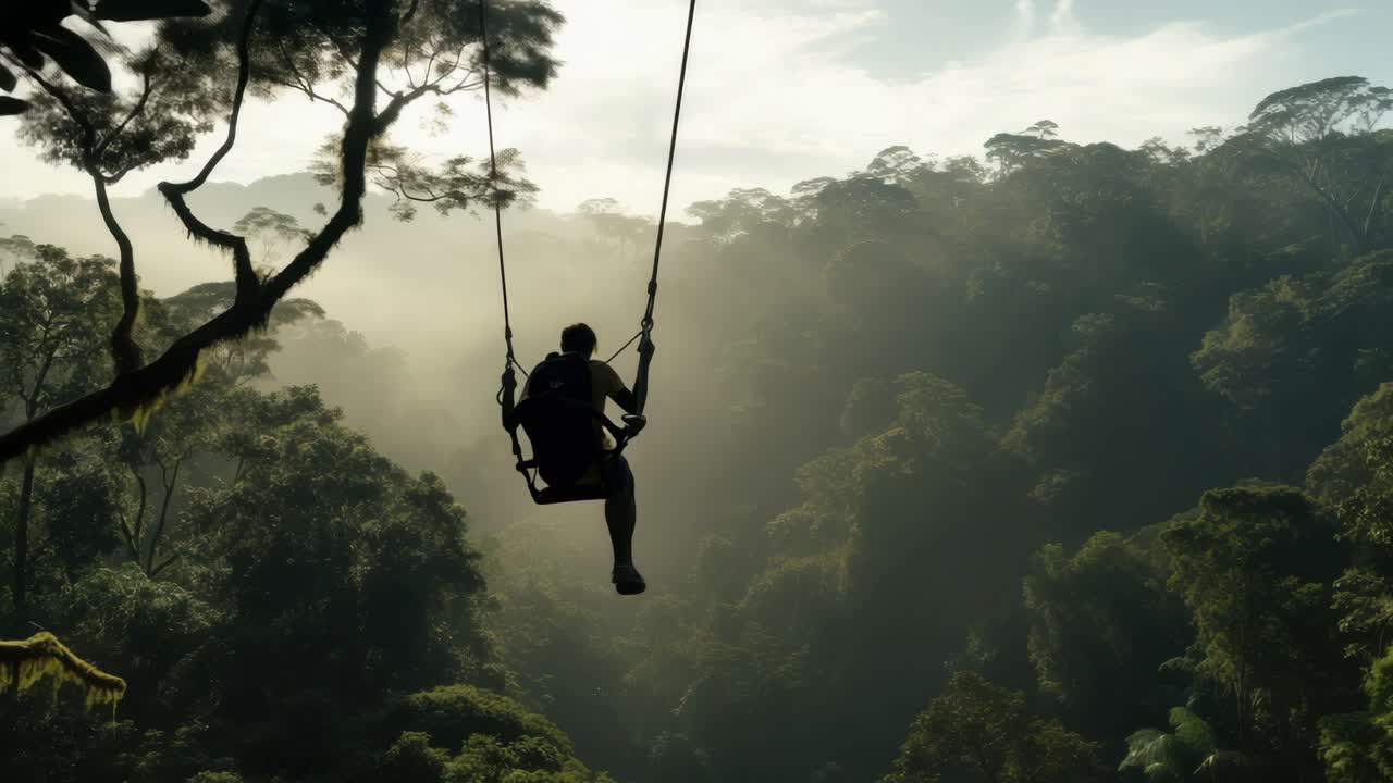 Aerial view of a person swinging over a lush forest, capturing the thrill of adventure