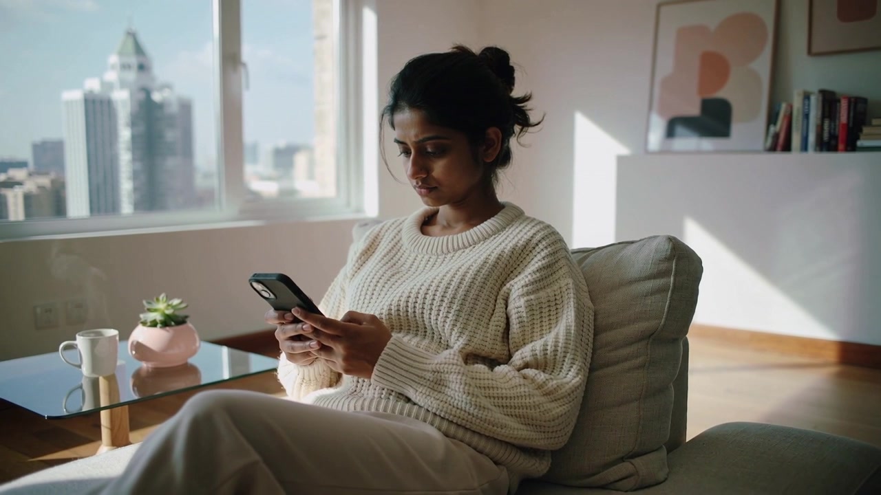 Starting reclined, Asian woman in cream sweater checking texts on soft lounge chair at home window