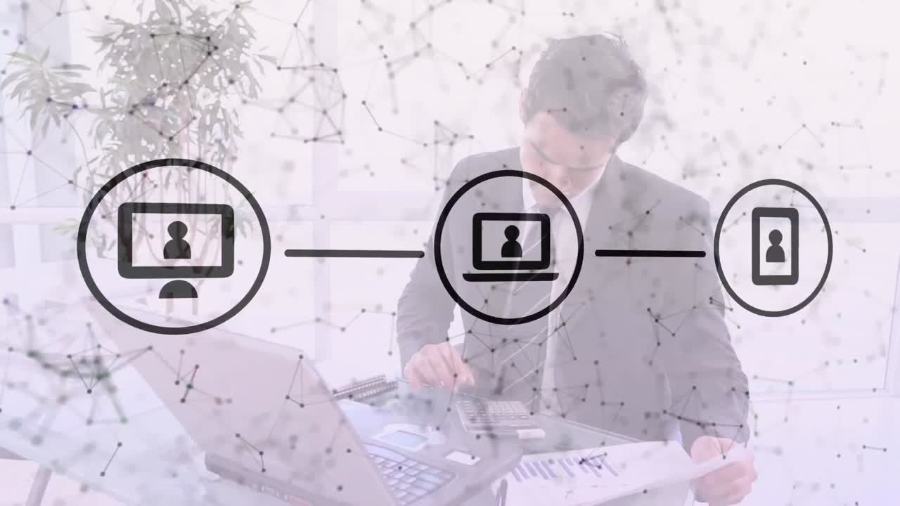 animación de iconos inalámbricos con puntos conectados sobre empresario caucásico usando calculadora