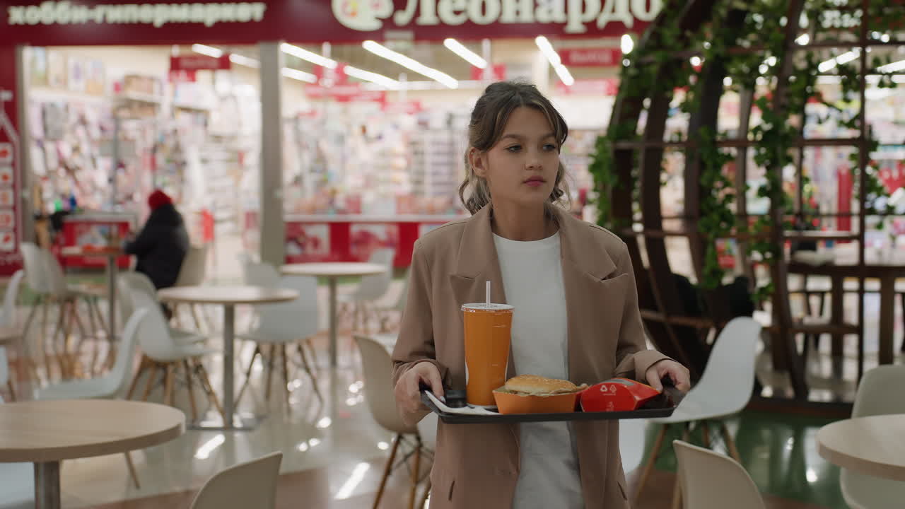 젊은 백인 여성이 몰 푸드코트에서 음식 트레이를 들고 자리를 찾고 있어요. 따뜻한 실내 조명, 장식 아치와 캐주얼 테이블, 가을 블레이저, 테이크아웃 음료와 감자튀김, 주변의 군중과 소매점 분위기가 느껴집니다.