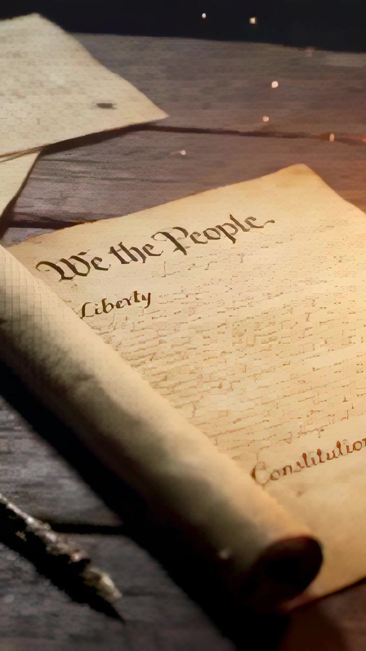 Vertical video: Camera panning, aged scroll lying on desk showing We People, quill sheet embers