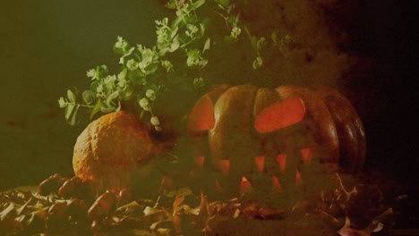 clouds moving against scary pumpkin with leaves