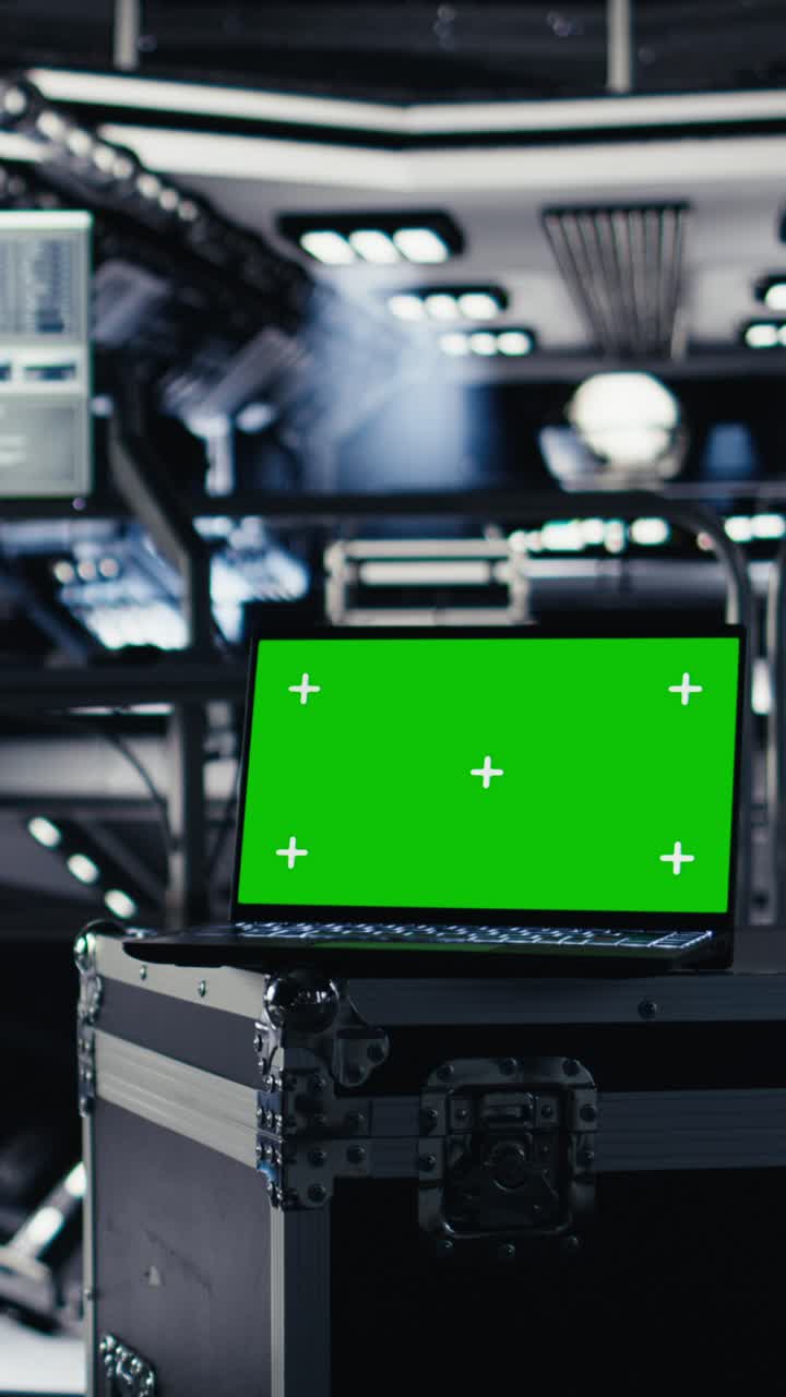 Vertical video Close up of green screen mockup laptop in spacecraft on top of cargo container