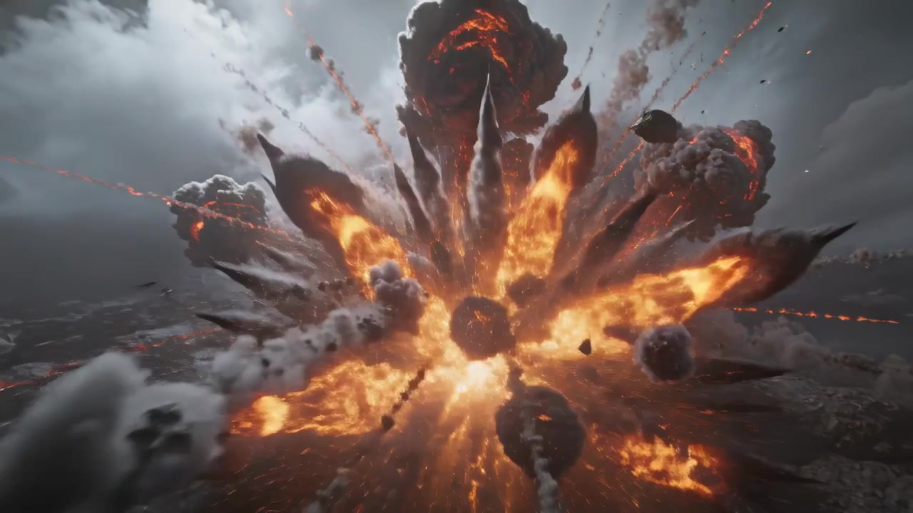 Un nucleo centrale infuocato che detona, inviando canali radiali di materiale fuso e una colonna di fumo a fungo nel cielo.