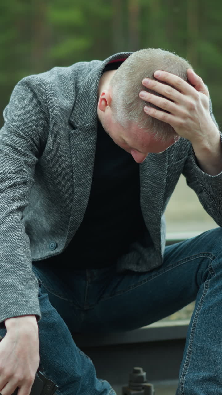 una vista cercana de un hombre con una chaqueta gris y pantalones vaqueros azules, usando zapatos de lona, sosteniendo una pistola, sentado en una vía ferroviaria, su cabeza está inclinada, y una mano está en su cabeza