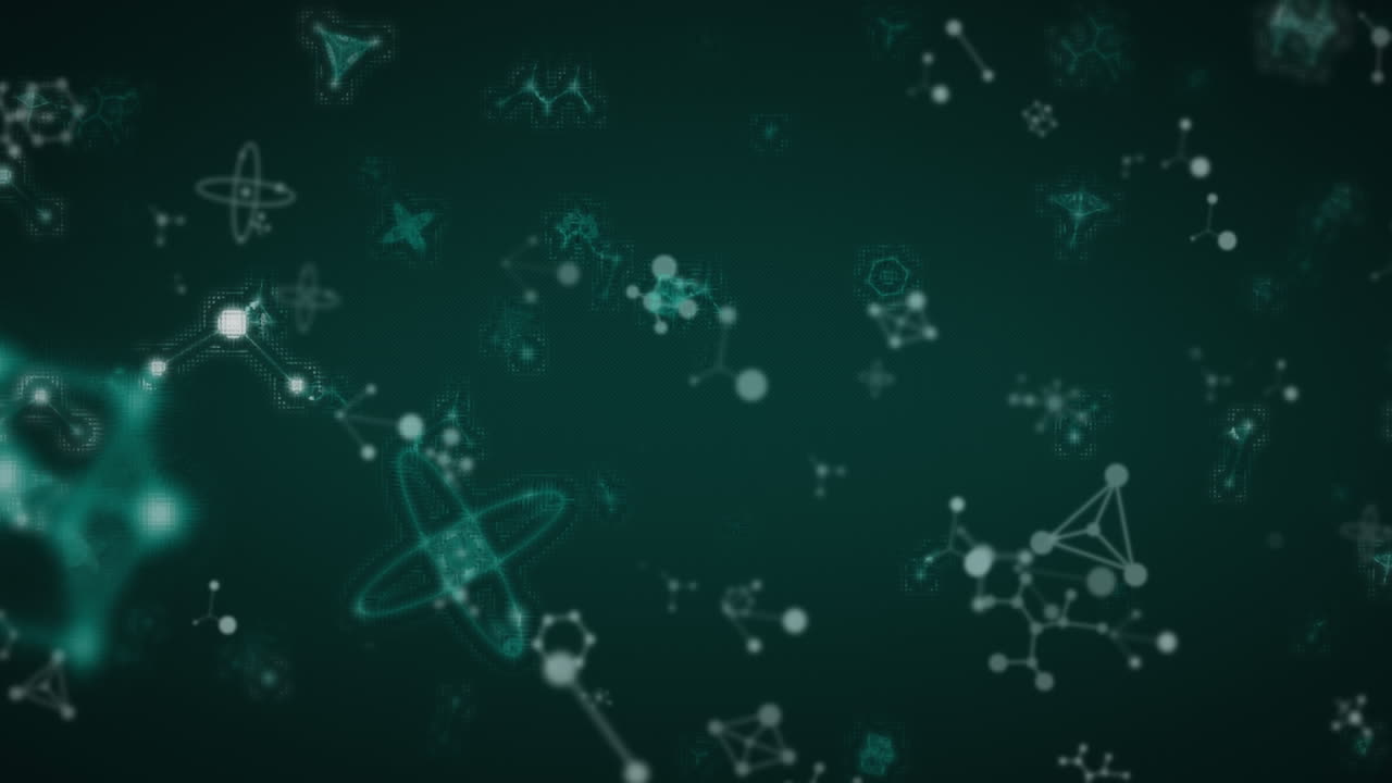 Animation of multiple molecules and elements floating on black background