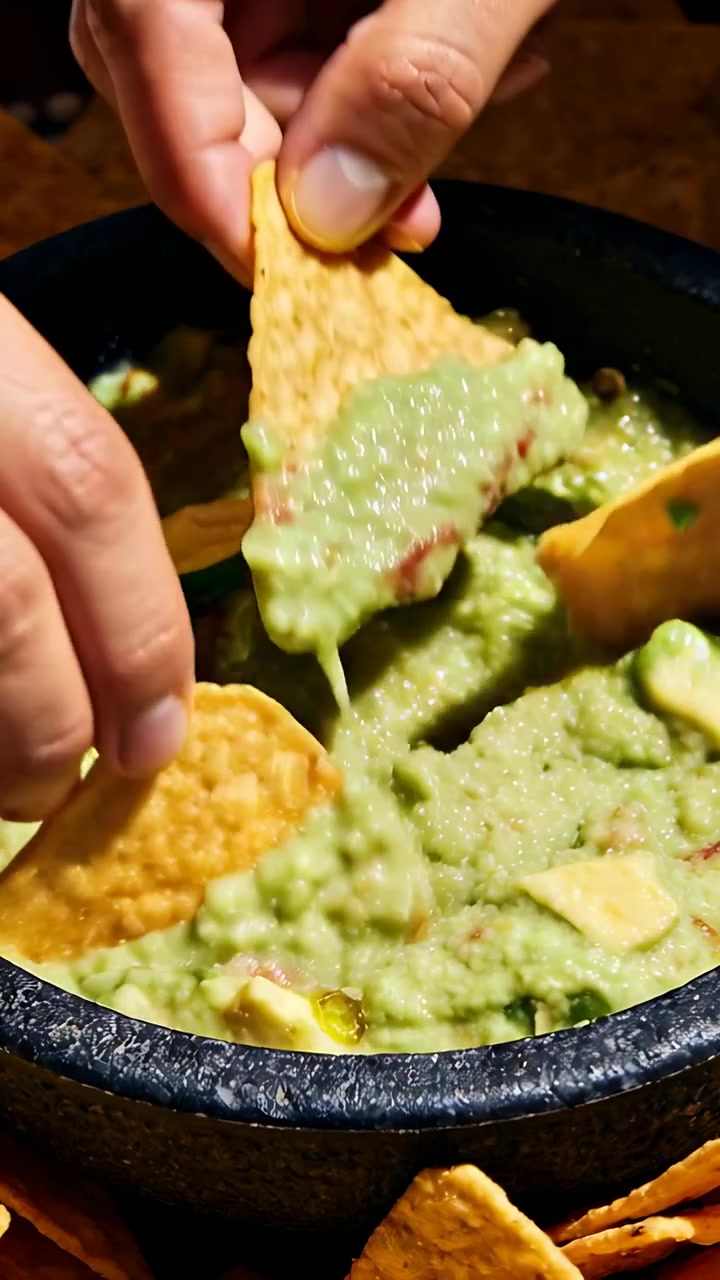 Video verticale: Mani che afferrano raggiungendo l'inquadratura, intingendo un nacho in una ciotola di pietra con guacamole sul tavolo per mangiare.