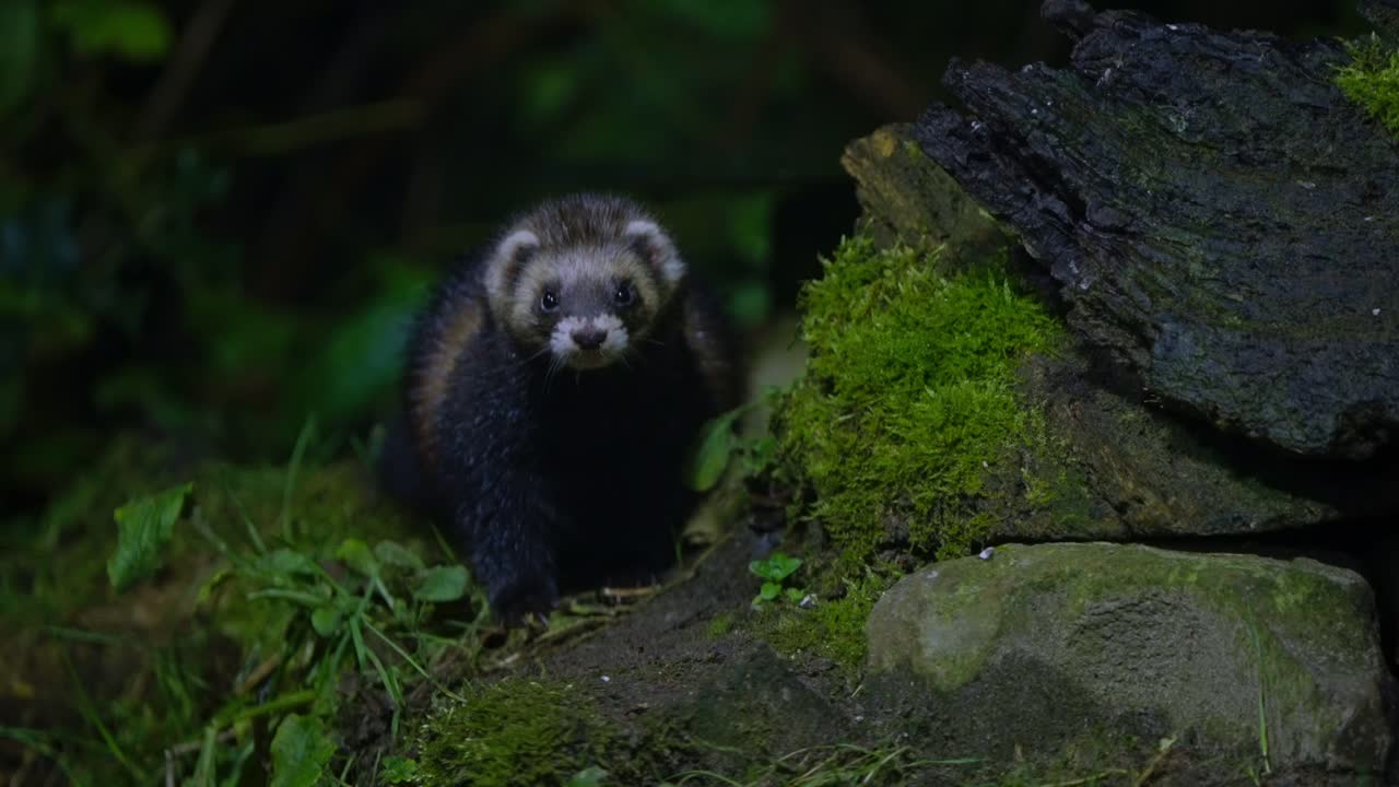 European polecat slowly emerges from leafy bush, pausing as it scans forest surroundings